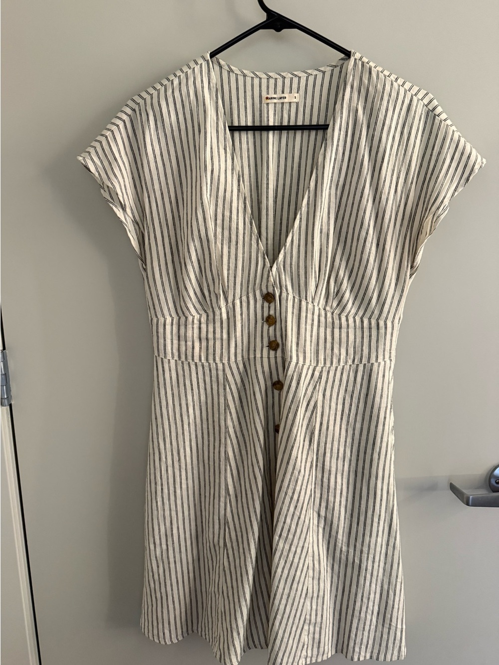 Marine Layer Striped V-Neck Button-Front Dress in White and Gray